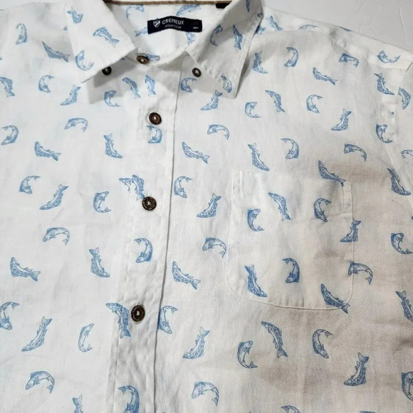 Cremieux Collection Shirt Men Button Down White Fish Print Short Sleeve  Casual - Picture 4 of 14